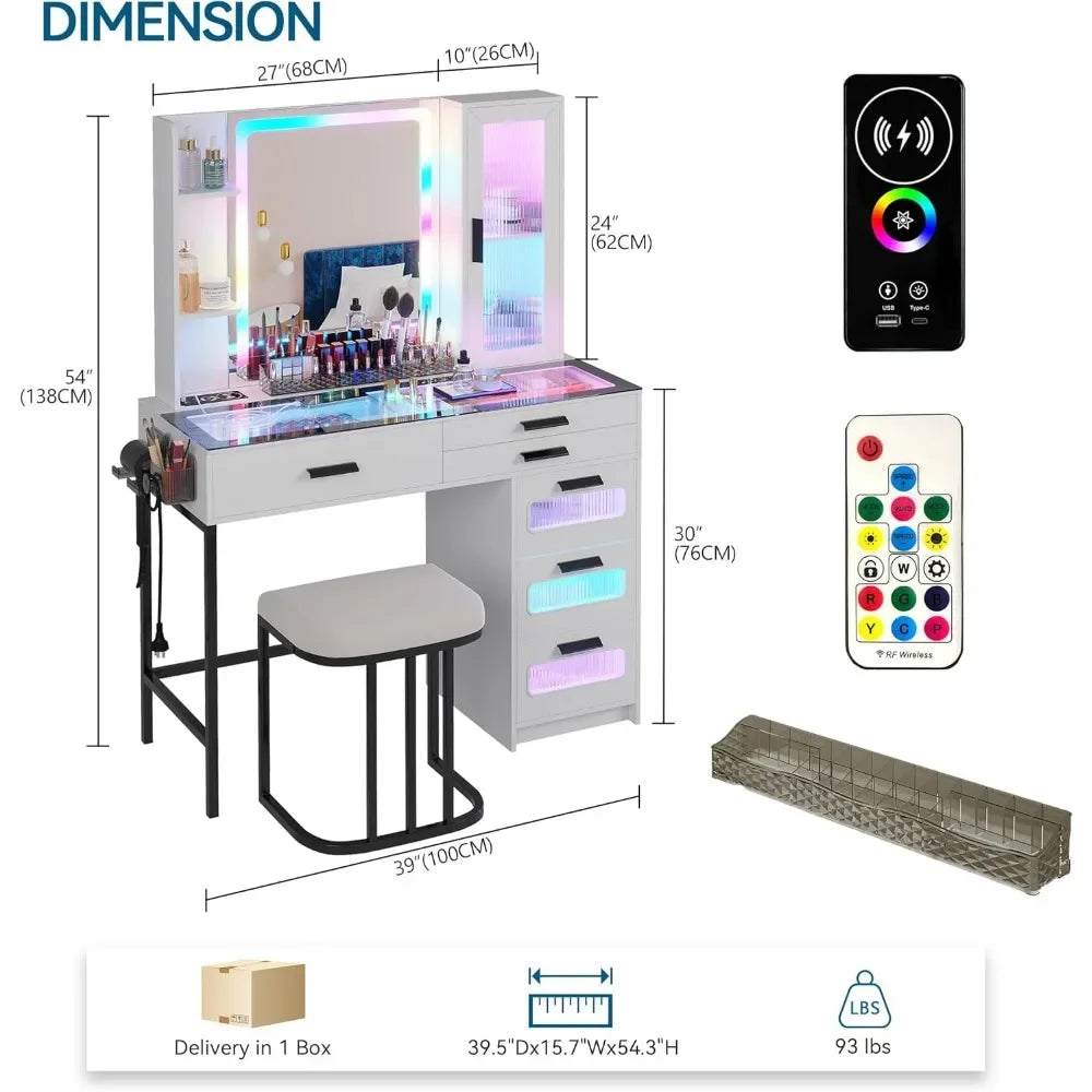 Modern Vanity Desk with Mirror LED Lights Charging Station Makeup Table