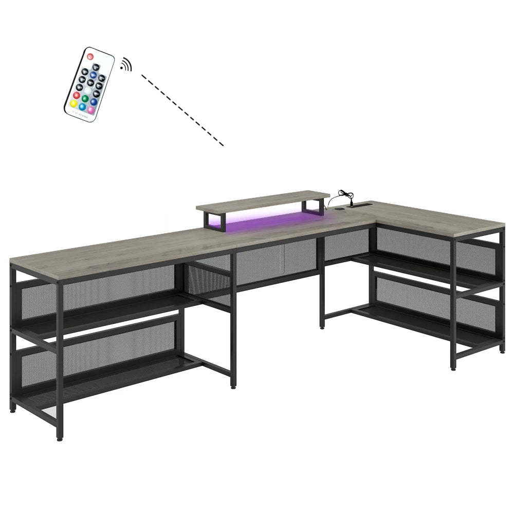 U Shaped Desk with LED Lights Power Outlets Monitor Stand Gaming Office
