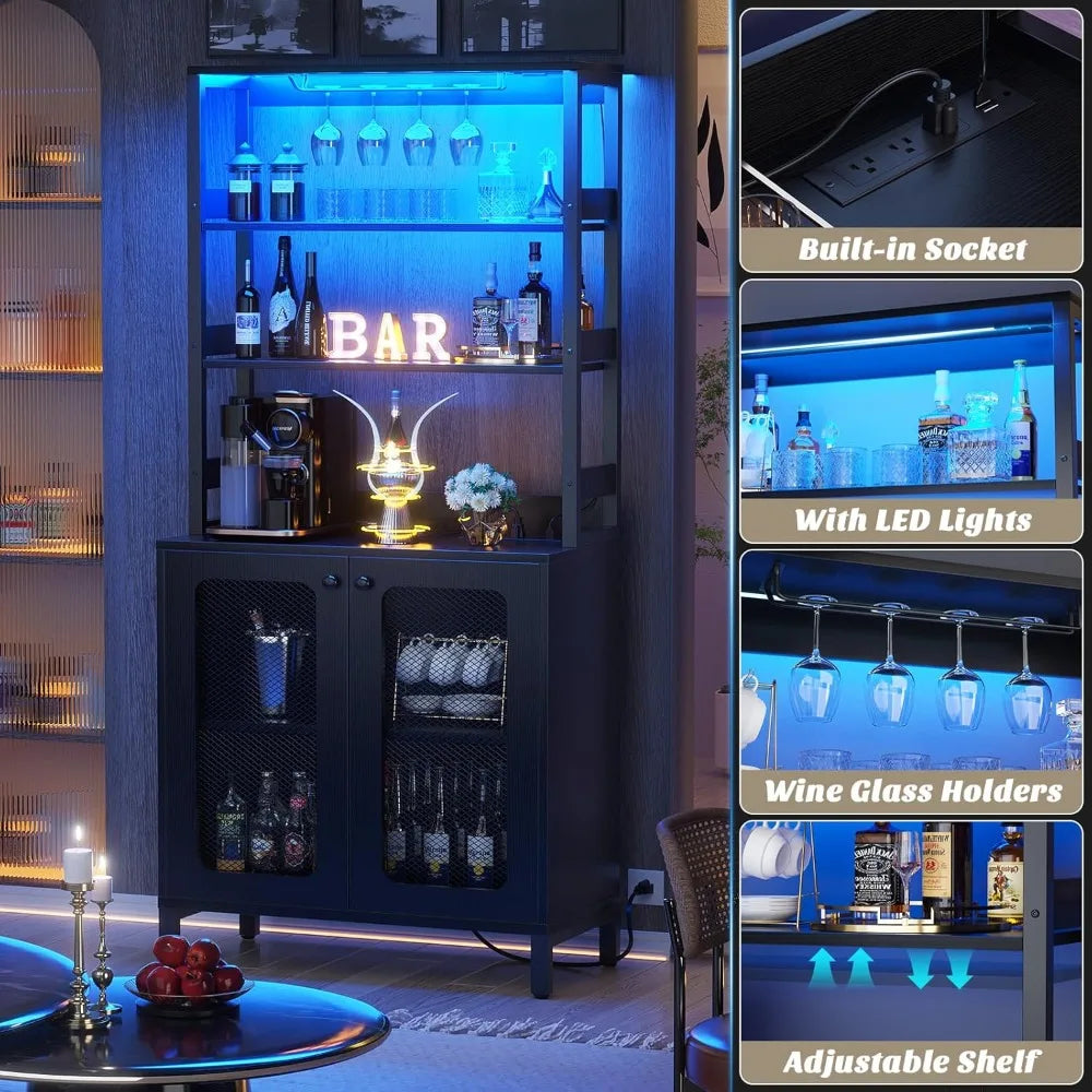 Tall Bar Cabinet with Power Outlets LED Lights Wine Liquor Storage