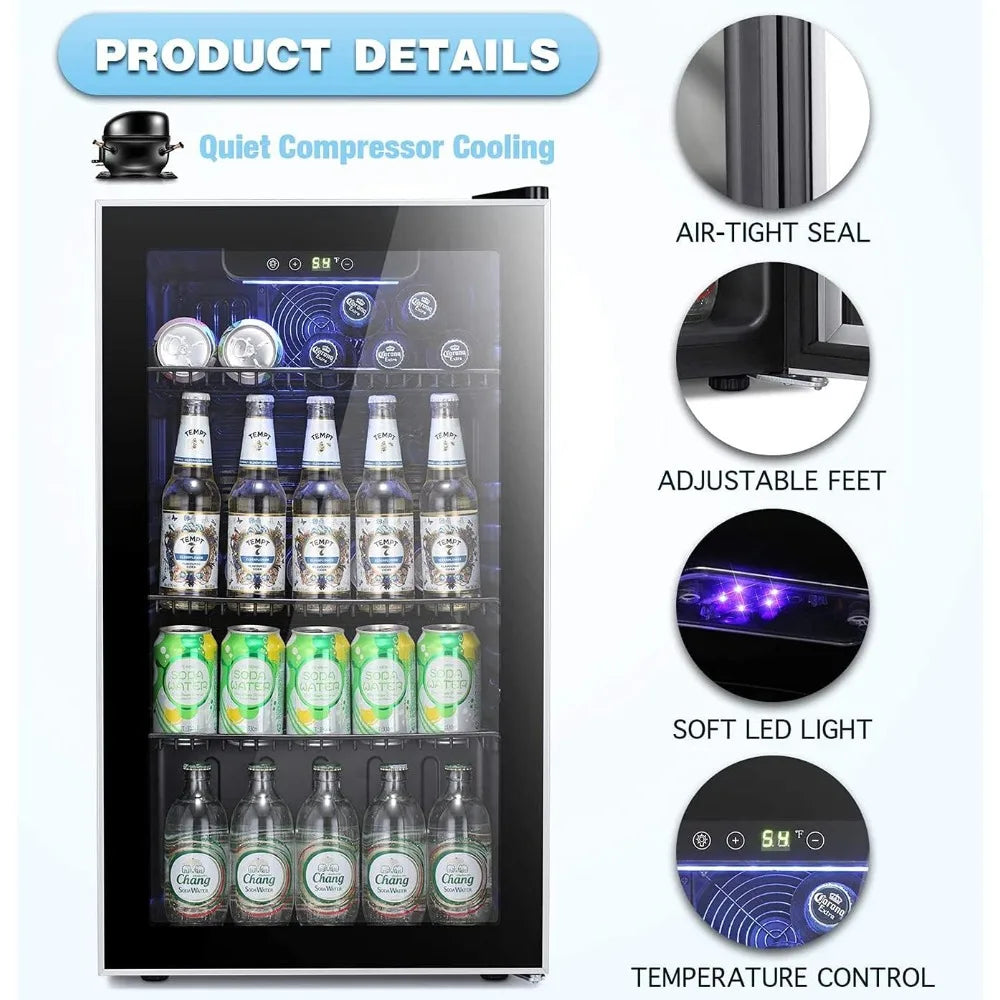 Beverage Refrigerator Cooler 100 Can Mini Fridge Adjustable Glass Door