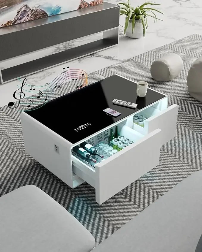 Smart Coffee Table with Built-in Fridge Speakers Wireless Charging USB Ports