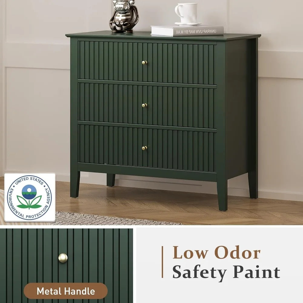 Green Fluted 3 Drawer Dresser Modern Wood Chest of Drawers Nightstand