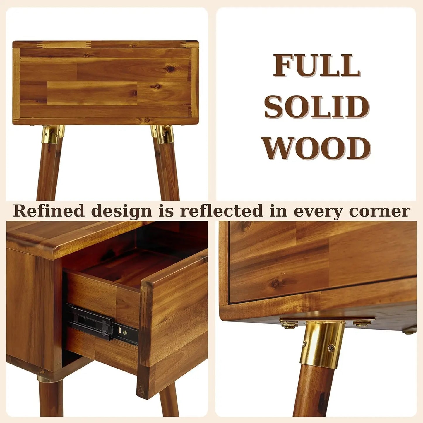 Solid Wood Nightstand Fully Assembled Mid Century Bedroom Living Room