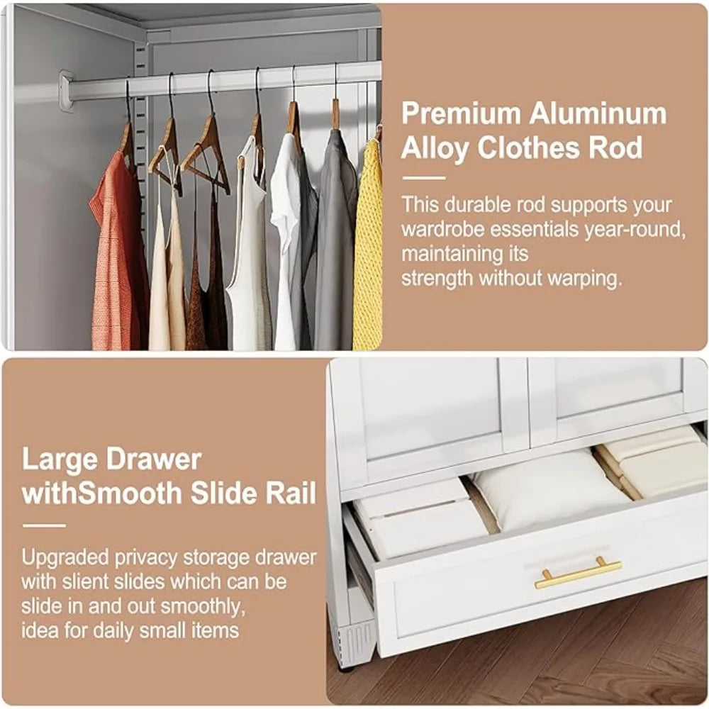 2 Doors Wardrobe, 71'' Metal Wardrobes Closet with Drawers and Hanging Rod, Metal Closet with Adjustable Shelves for Bedroom