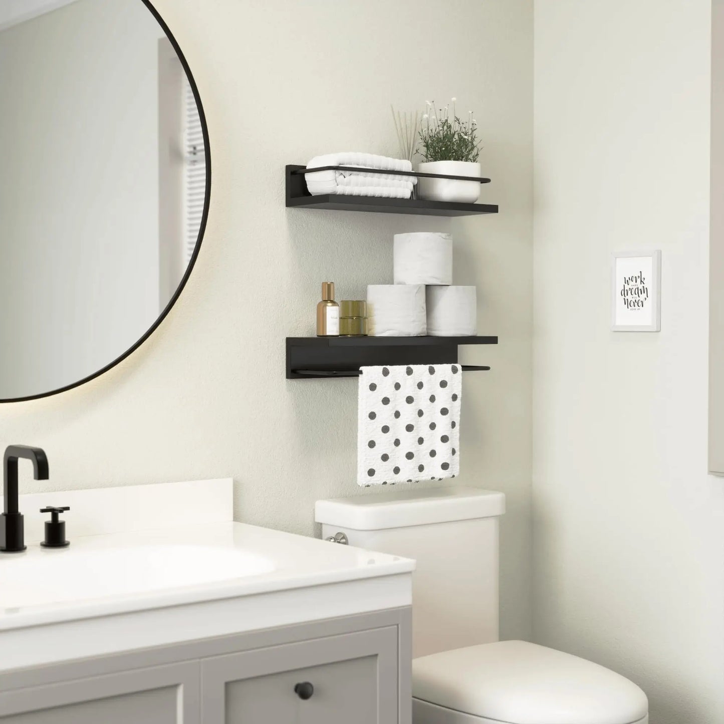 Floating Black Shelves with Metal Guardrail Set of 2 Modern Bathroom Storage
