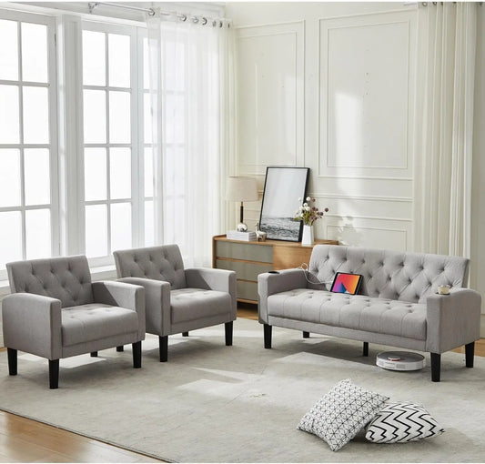 Mid-Century Modern Loveseat Sofa Set with USB Ports and Cupholders