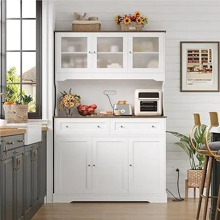 Tall Kitchen Pantry Cabinet with Countertop and Outlets Farmhouse Style