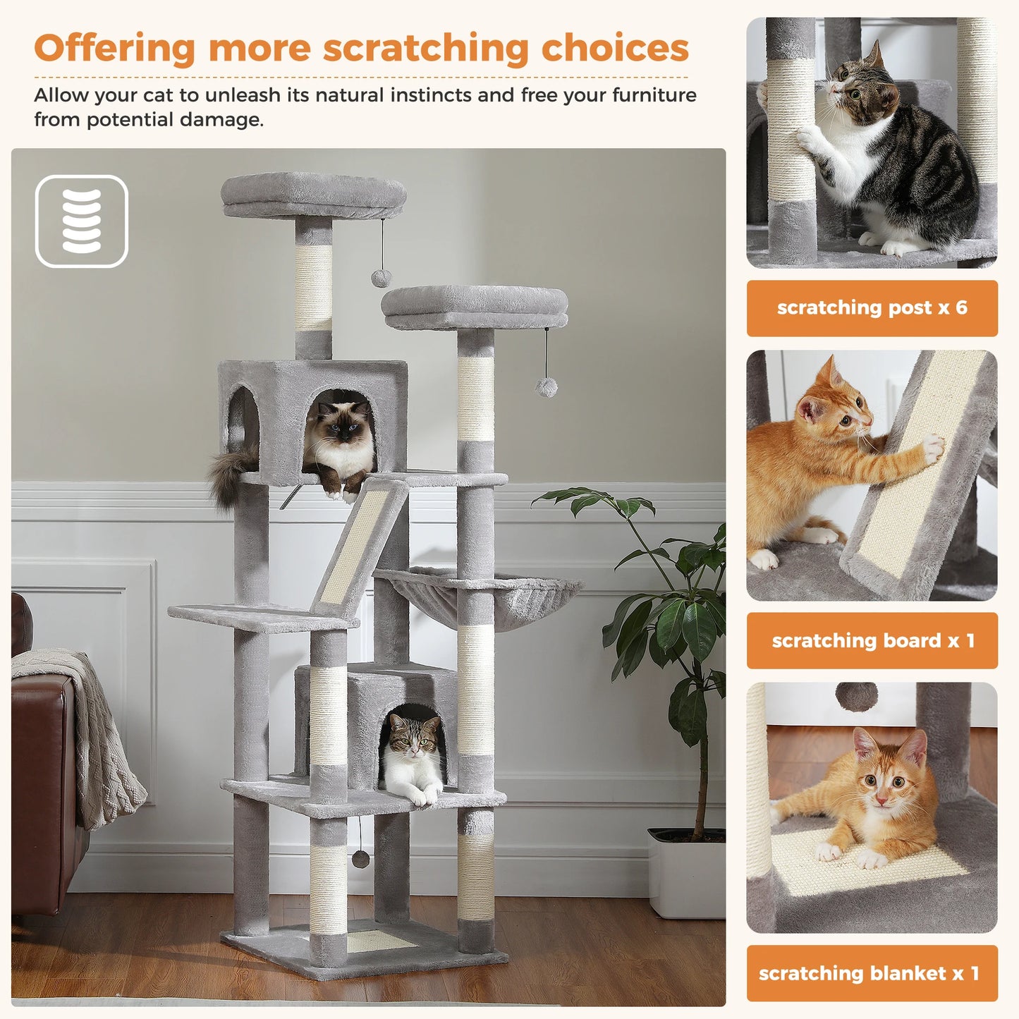 Multi-Level Cat Tree Indoor Tower with Scratching Posts Hammock Condo