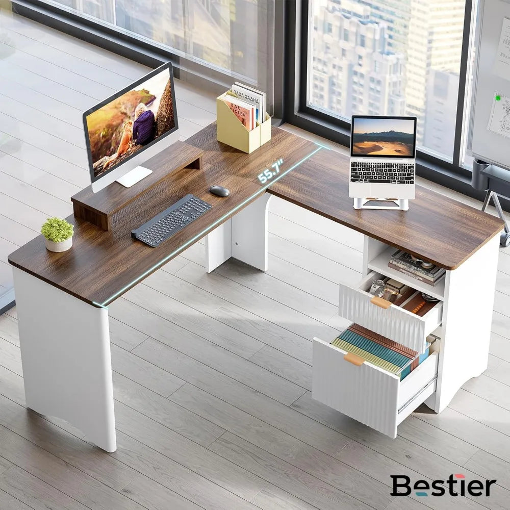 L Shape Office Desk with File Drawer Modern Computer Desk 55.7" x 55"