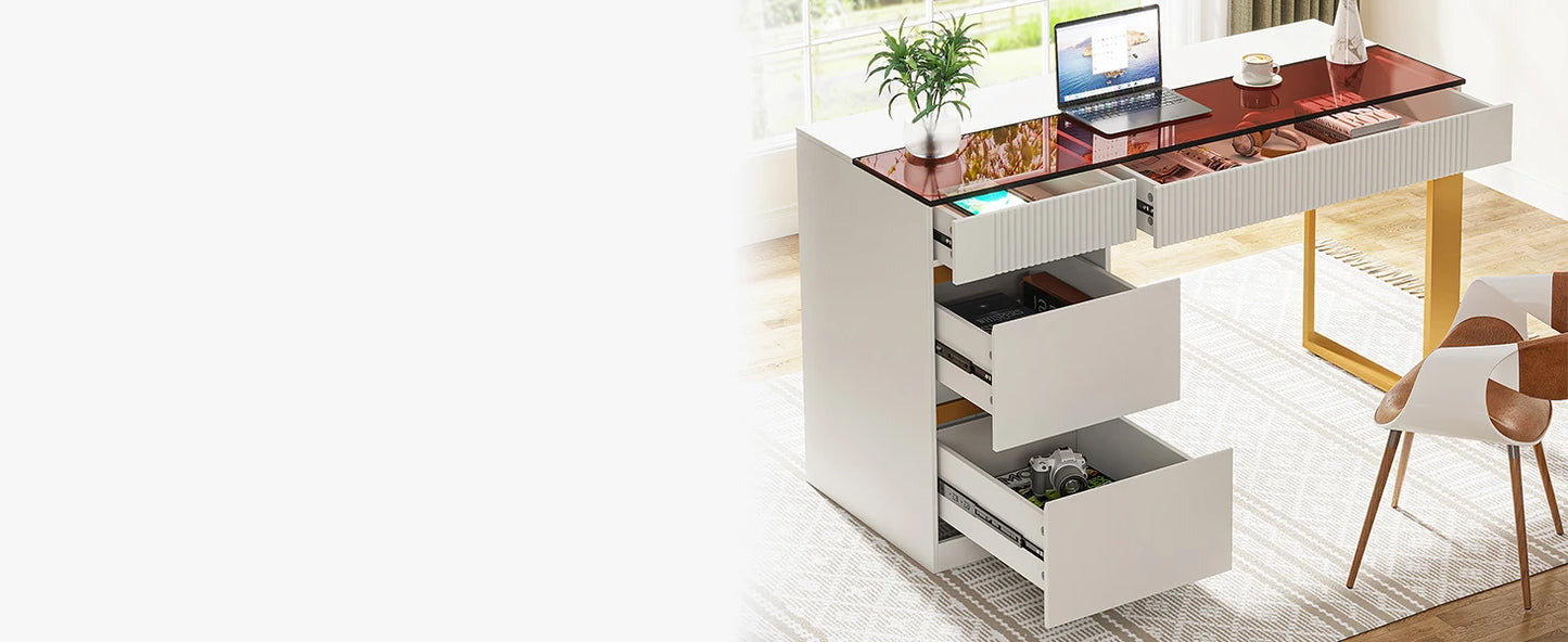 Modern 47 Inch Computer Desk with 4 Drawers Glass Top Home Office Furniture