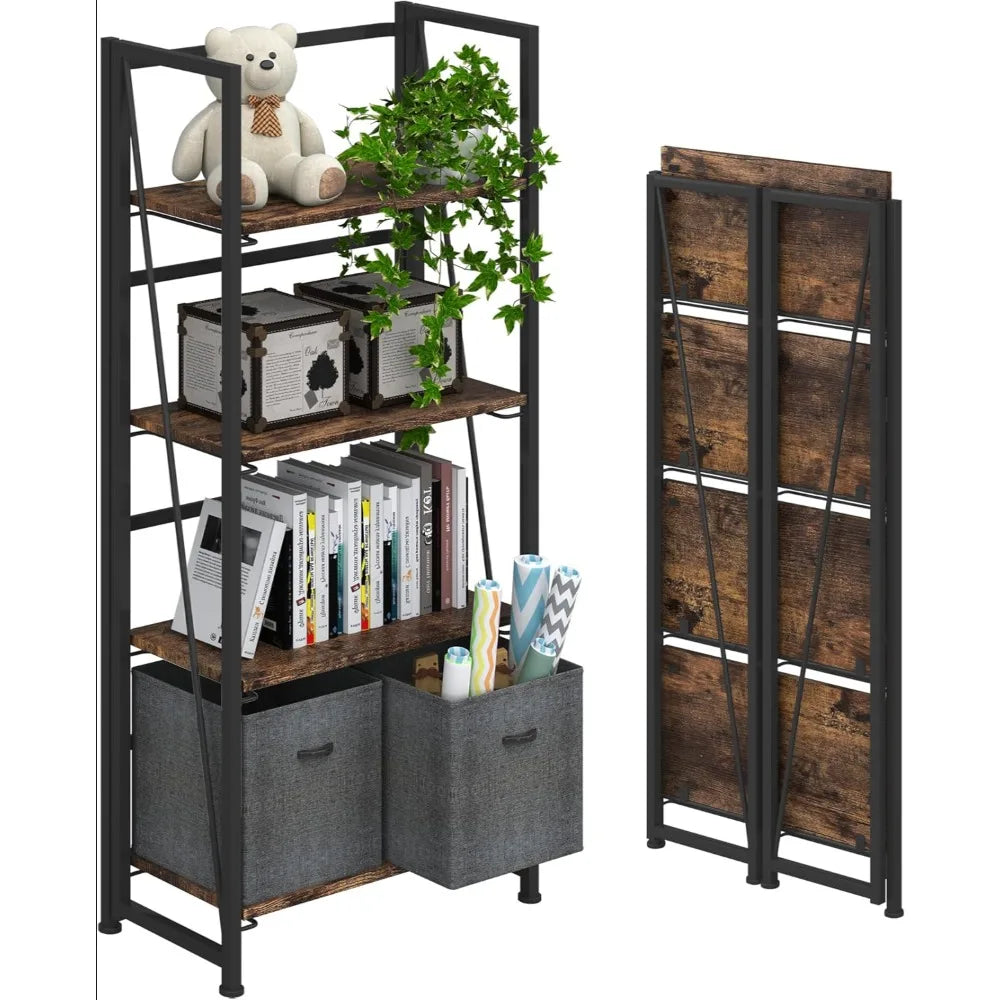 No-Assembly Folding Bookshelf 4 Tier Vintage Storage Organizer Rack