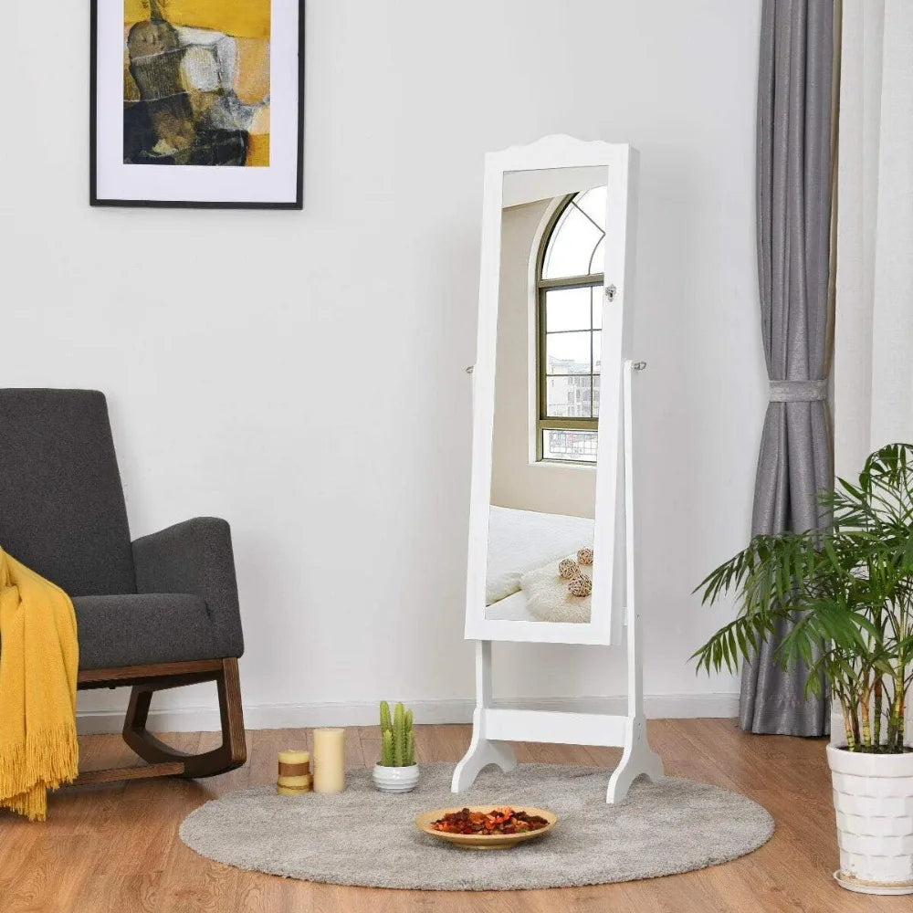 Standing Lockable Mirrored Jewelry Cabinet with LED Lighting and Drawers