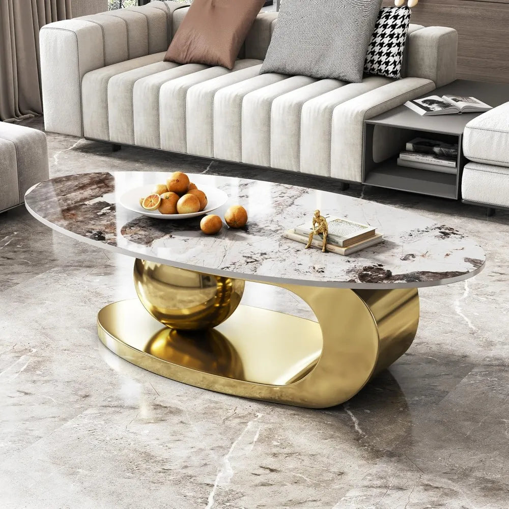 Modern Oval Coffee Table Faux Marble Sintered Stone Gold Base 51.2"