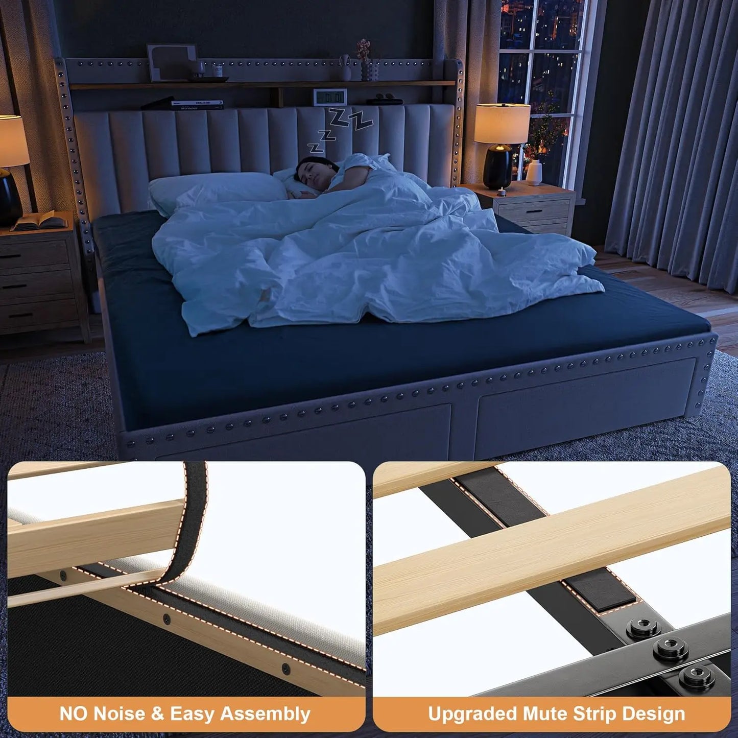 Twin Size Bed Frame with 2-Tier Storage Headboard Upholstered Platform