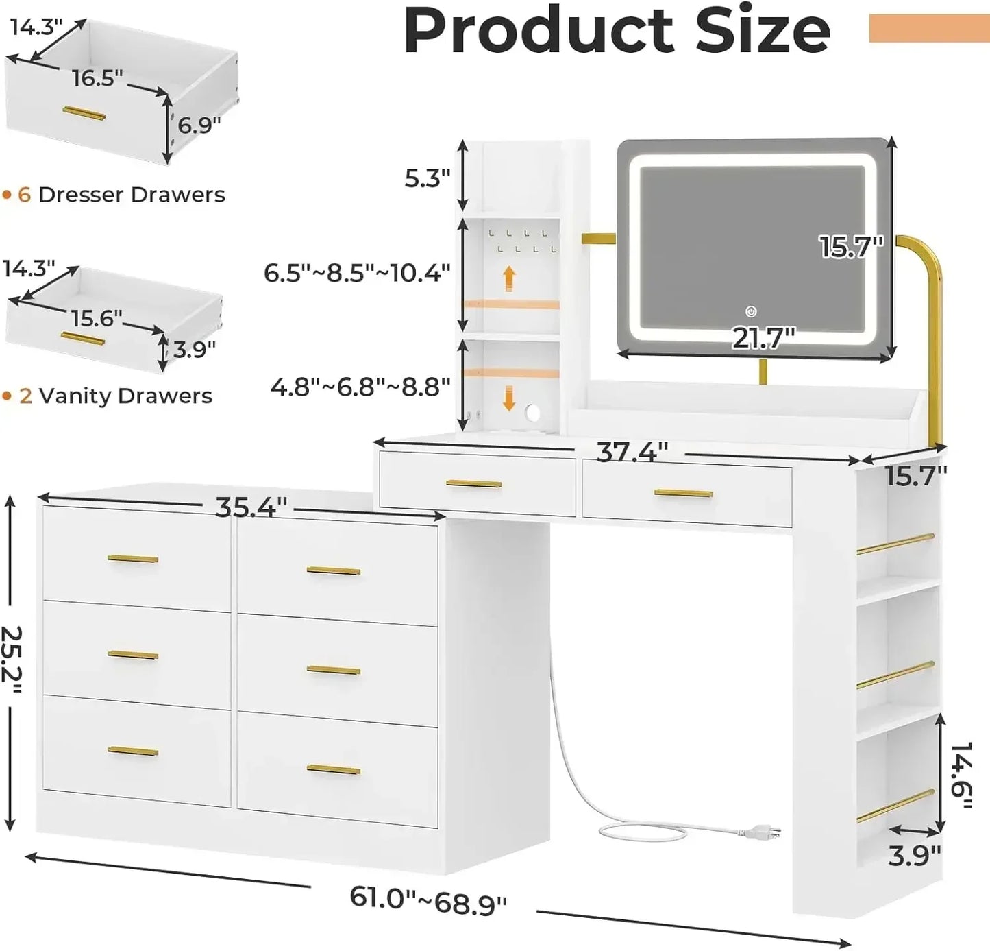 Ljustra Vanity Desk with Mirror and Lights Makeup Table Charging Station 8 Drawers