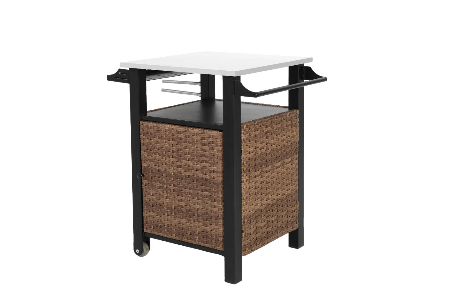 Single Door Bar Cart Outdoor Kitchen Wicker Rolling Cart Storage Cabinet