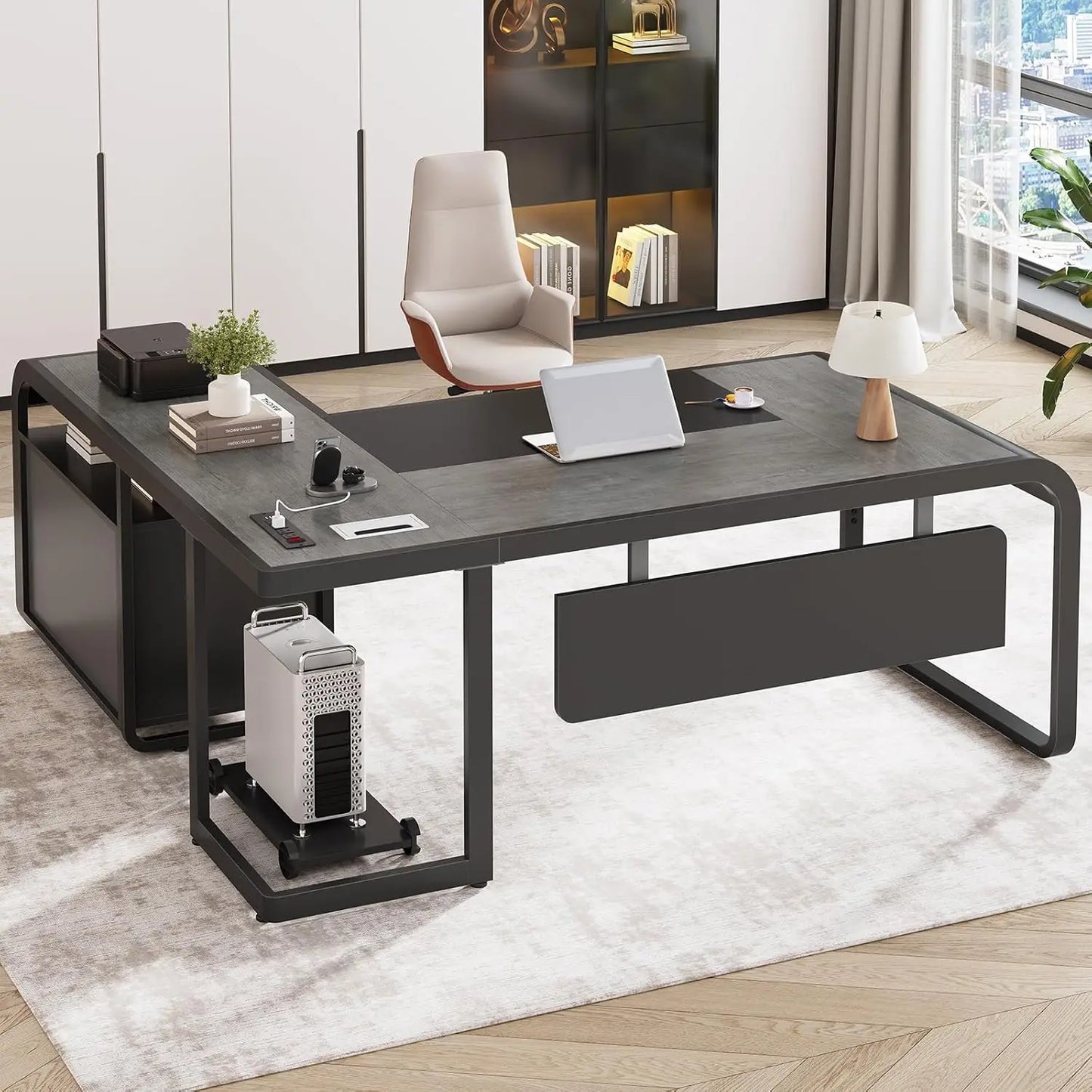 L Shaped Executive Desk with Drawers and Mobile CPU Stand for Home Office
