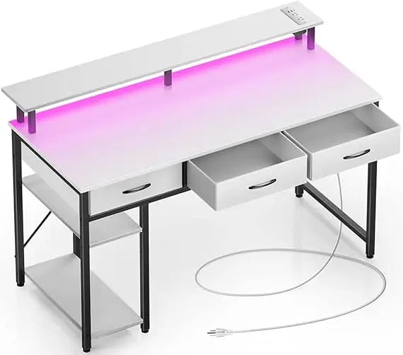 Computer Desk with Power Outlets LED Light Storage Shelves 47 Inch