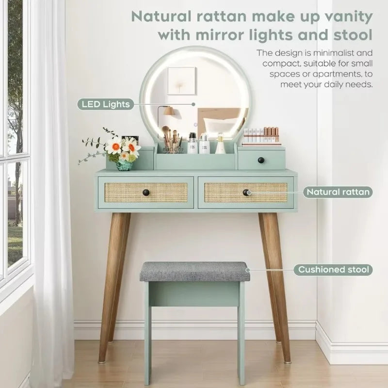 31 Inch Boho Natural Rattan Vanity Desk Set with Lighted Mirror and Stool