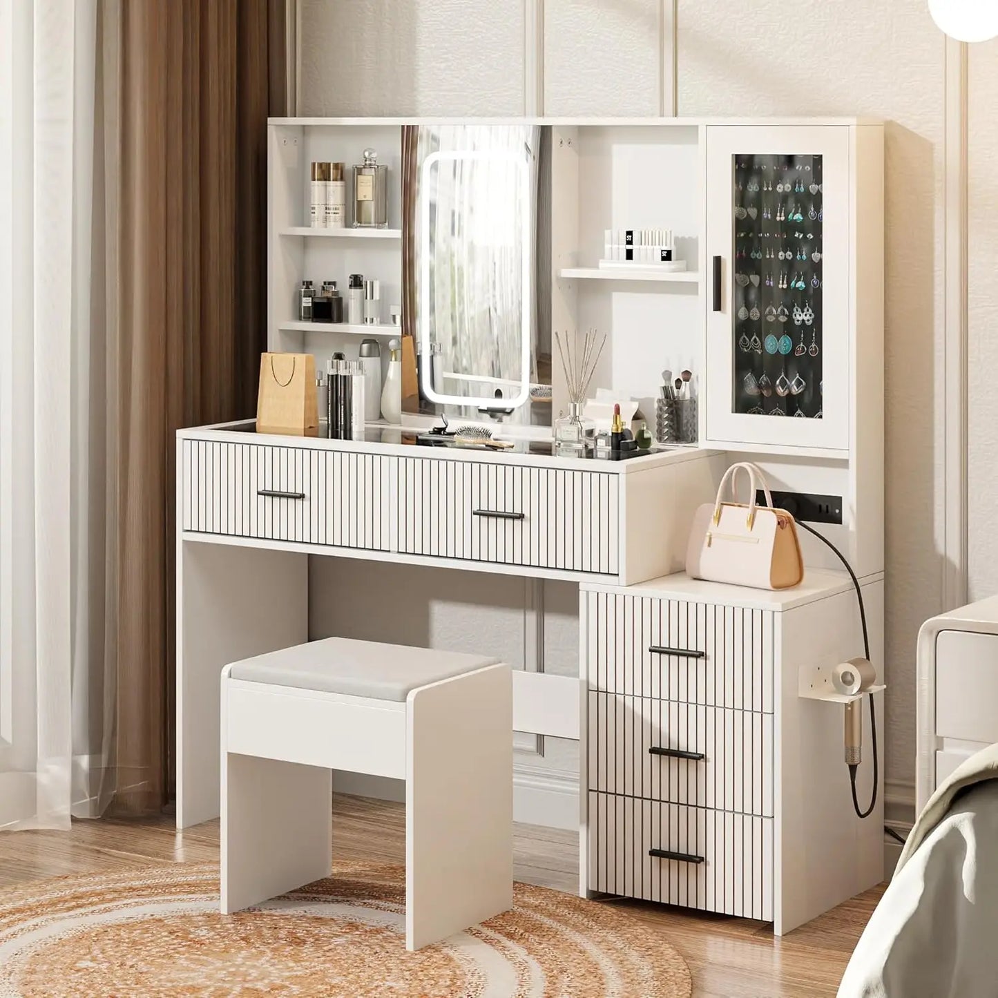 Large White Vanity Desk with Mirror Lights Makeup Table 5 Drawers Charging