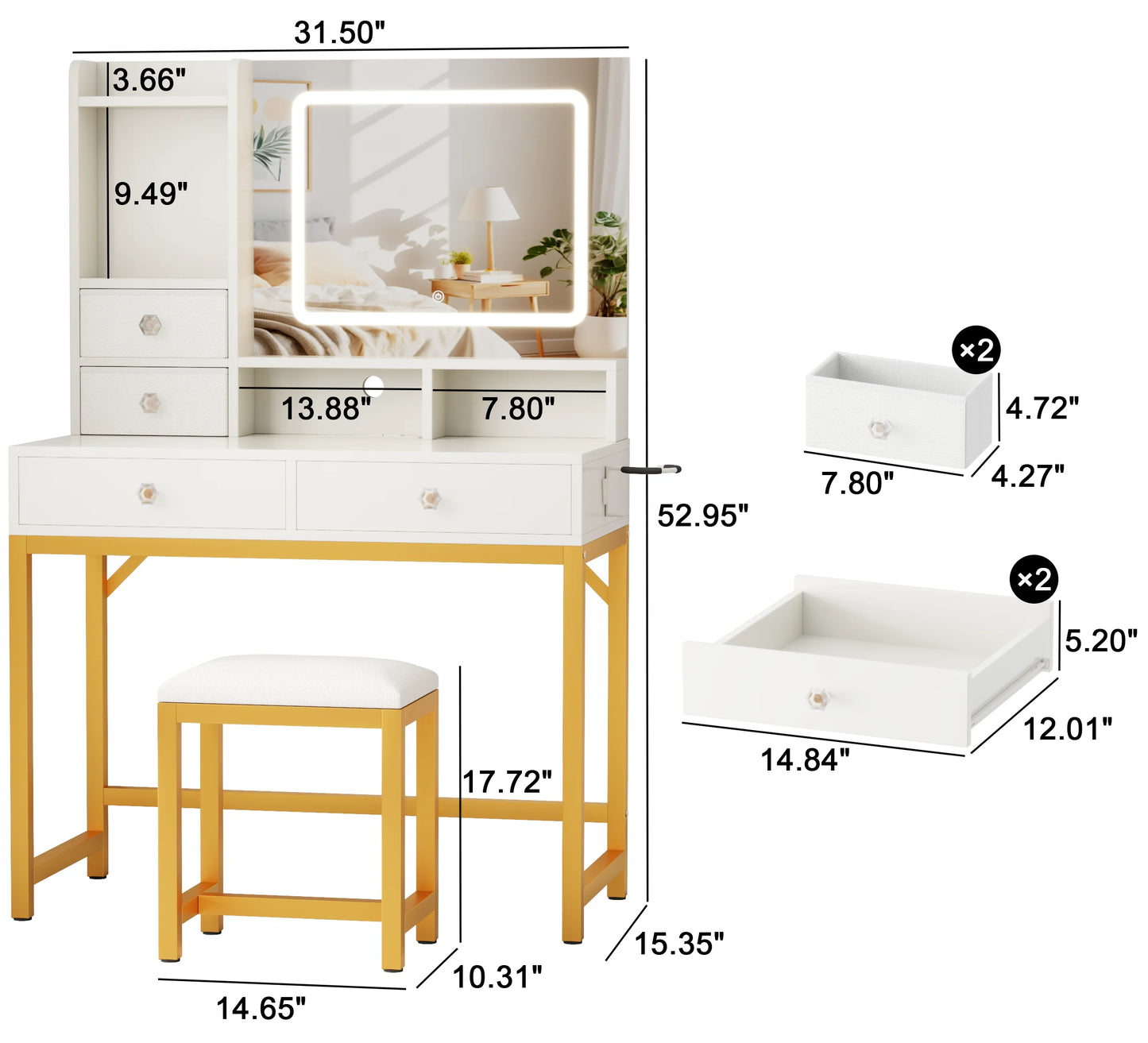 Satifur Vanity Desk with LED Mirror Power Outlets Makeup Stool Set