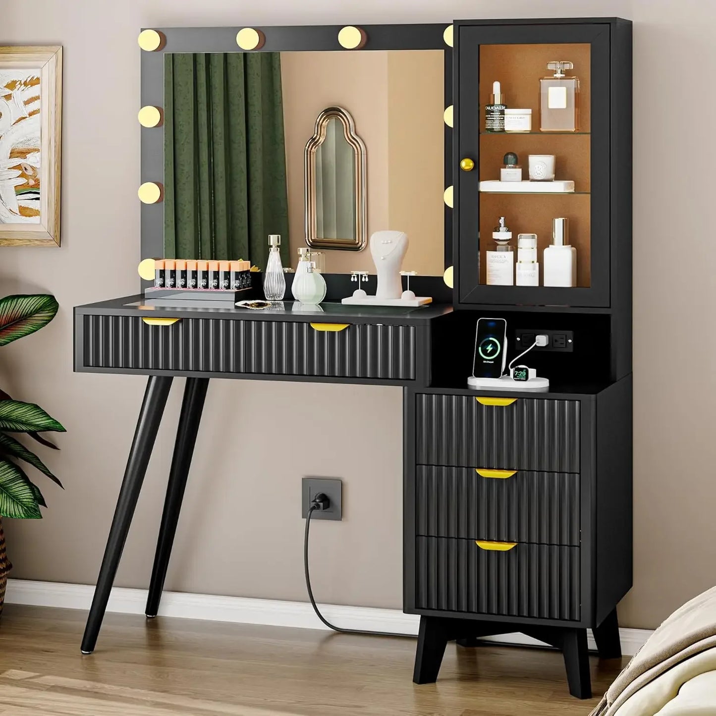 Fluted Vanity Desk with Mirror Lights 5 Drawers Power Outlet Storage