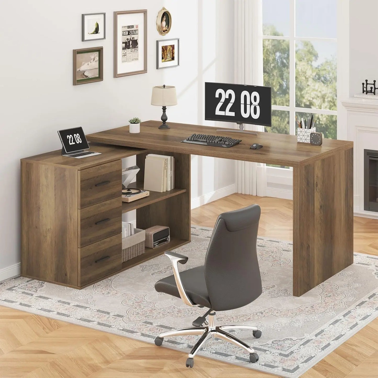 360 Degree Rotating L Shaped Computer Desk with Drawers and Shelves