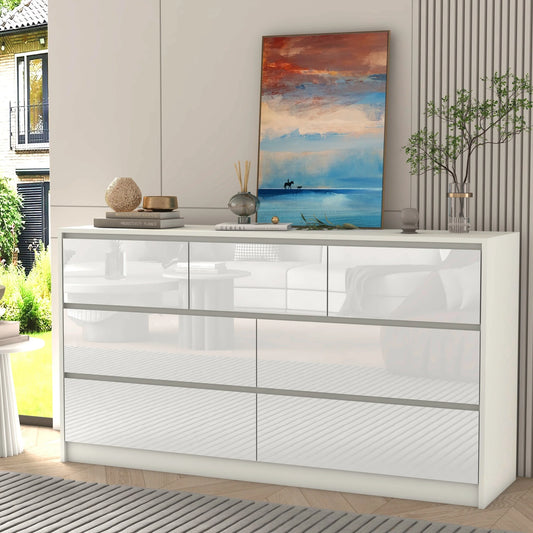 Modern 7 Drawer Dresser Spacious Storage High Gloss Bedroom Furniture