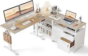 L Shaped Standing Desk Adjustable Height with Drawers and Shelves