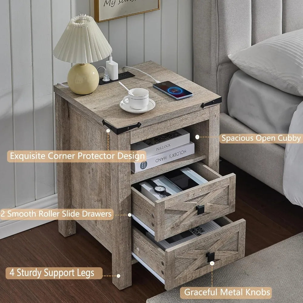 Nightstand with Charging Station 2 Drawers Farmhouse Bedside Table