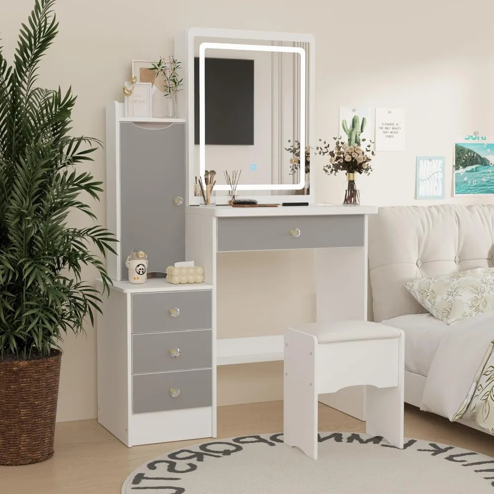 Vanity Desk Set with Sliding Lighted Mirror LED Makeup Table 3 Drawers