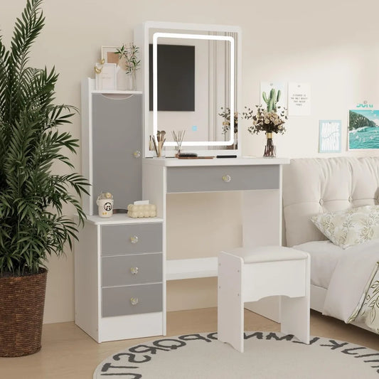 Vanity Desk Set with Sliding Lighted Mirror LED Makeup Table 3 Drawers