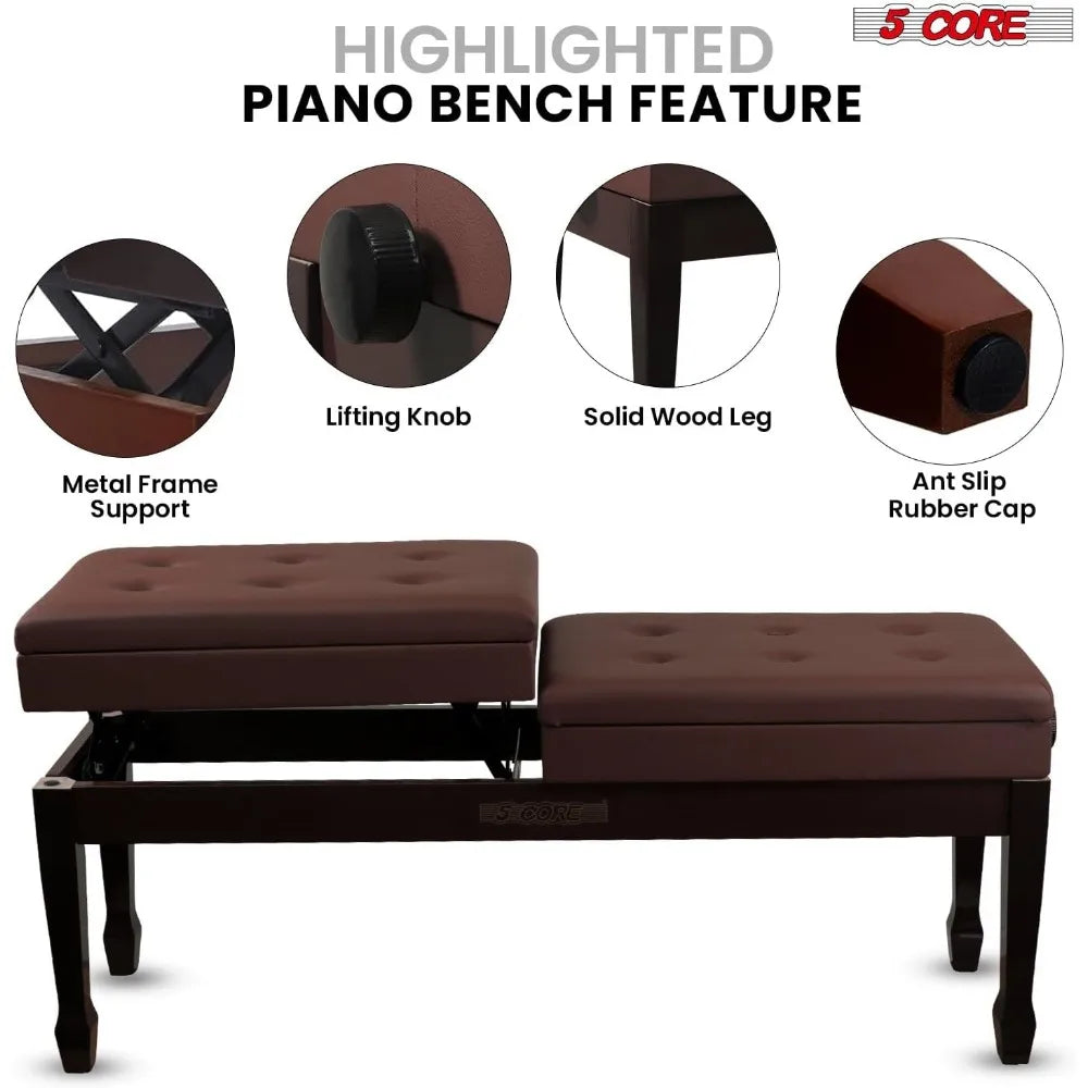 Duet Piano Bench Storage Height Adjustable Wooden Keyboard Stool