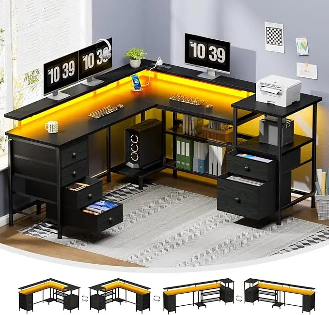 66" L Shaped Gaming Desk with 6 Drawers Power Outlets LED Light