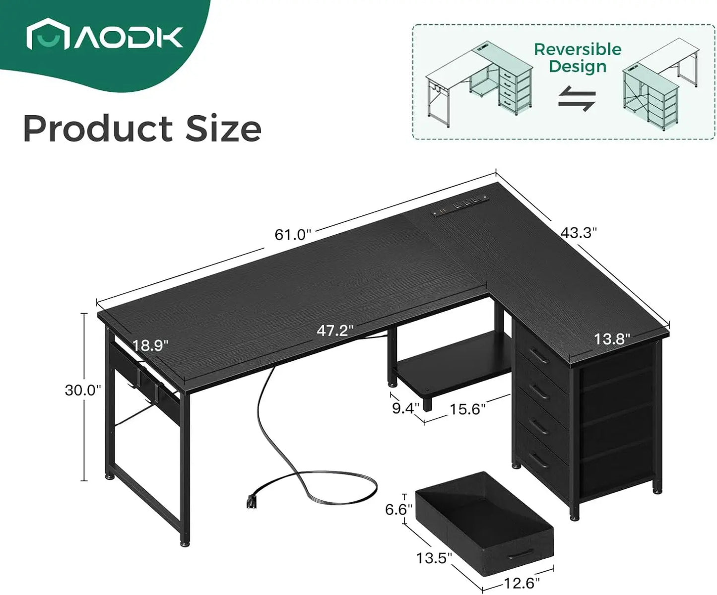 L Shaped Gaming Desk with 4 Drawers USB Charging Reversible Office Desk