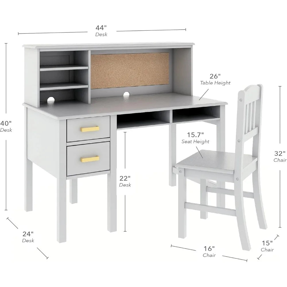 Kids Taiga Desk Chair Set with Hutch Storage Shelves Corkboard Drawers