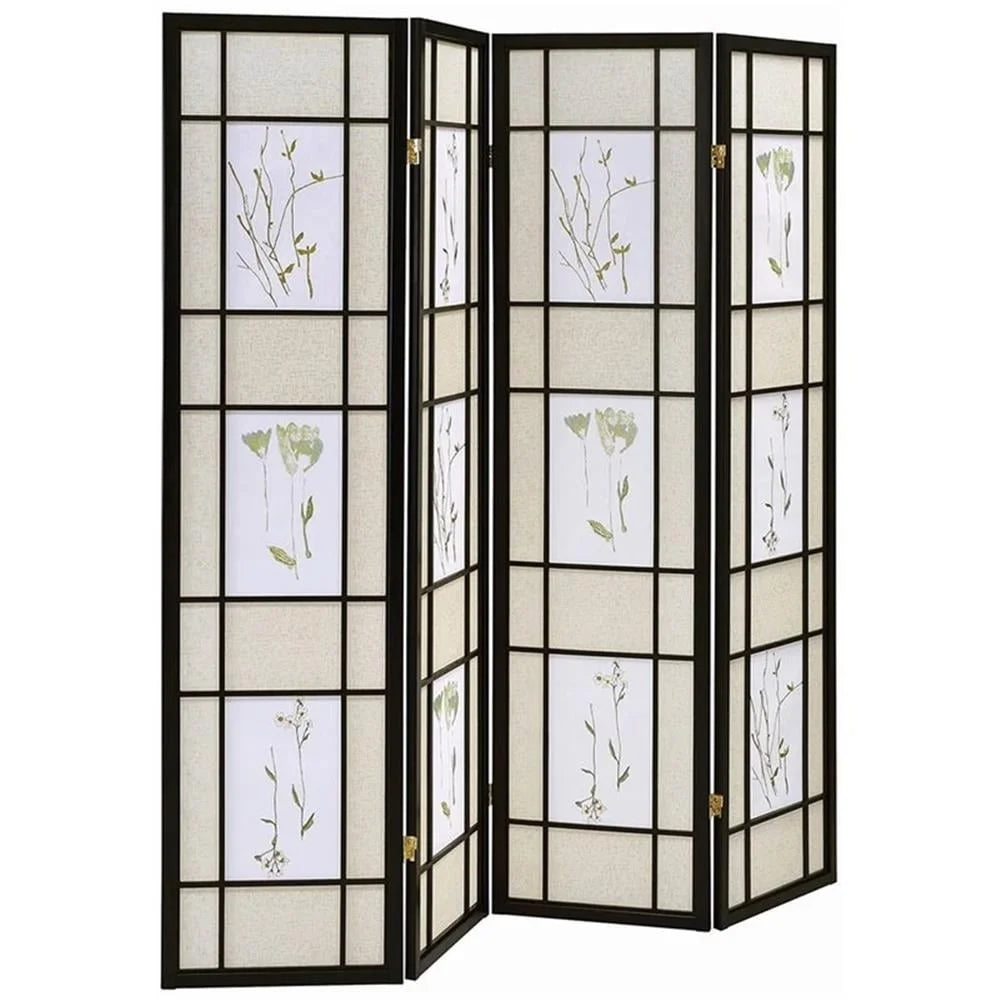 Traditional Wood Four Panel Floral Folding Room Divider Privacy Screen