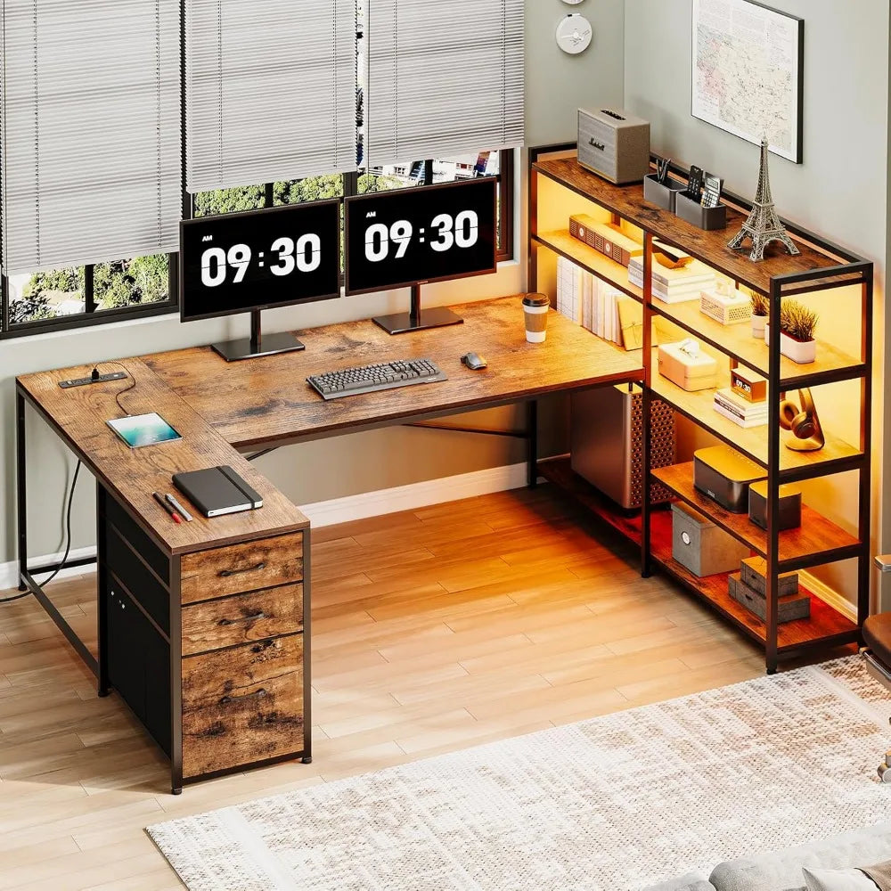L Shaped Desk with Storage Shelves and USB Charging for Home Office