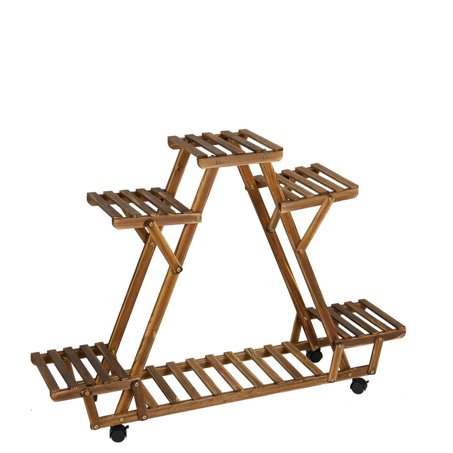 Triangular Plant Shelf with Wheels 6-Tier Carbonized Wood Display Rack