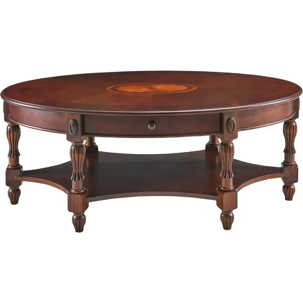 Solid Wood Oval Coffee Table with Storage Drawer Vintage Style