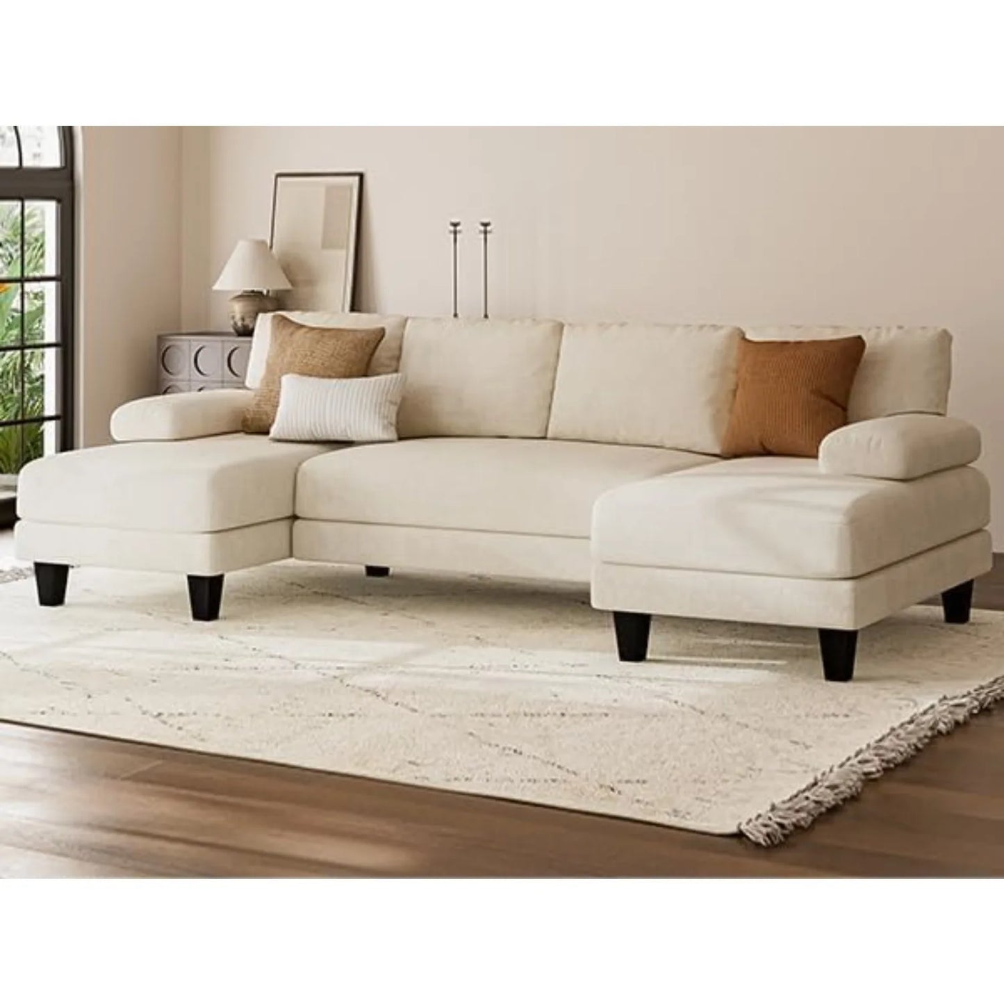 U-Shaped Sectional Sofa 111" w/ Double Chaise, Chenille Couch, Beige, Modular