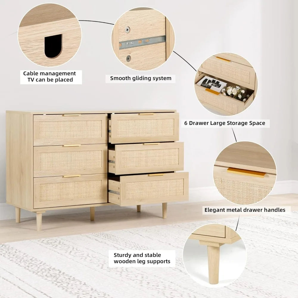 6 Drawer Rattan Dresser Modern Chest of Drawers Storage for Bedroom