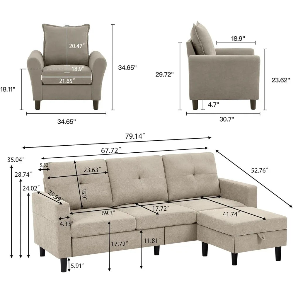 Ljustra Convertible Sectional Sofa Set Modern 3-Seat Couch Reversible Chaise