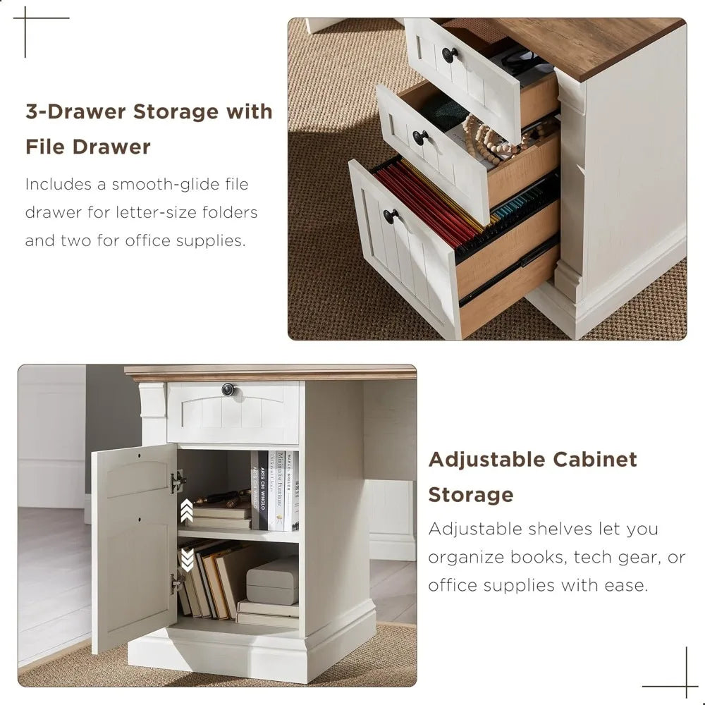 Ljustra Farmhouse L-Shaped Desk with Drawers and Charging Station