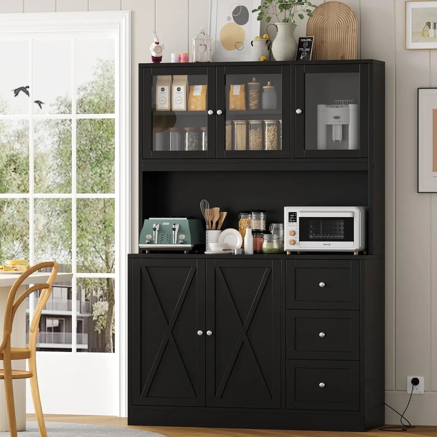 Kitchen Pantry Hutch with Microwave Stand Boho Storage Cabinet