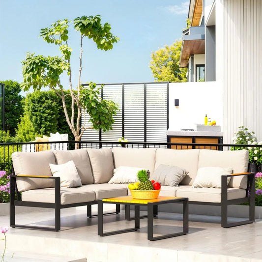 L Shaped Aluminum Patio Furniture Set All-Weather Sectional Outdoor Sofa