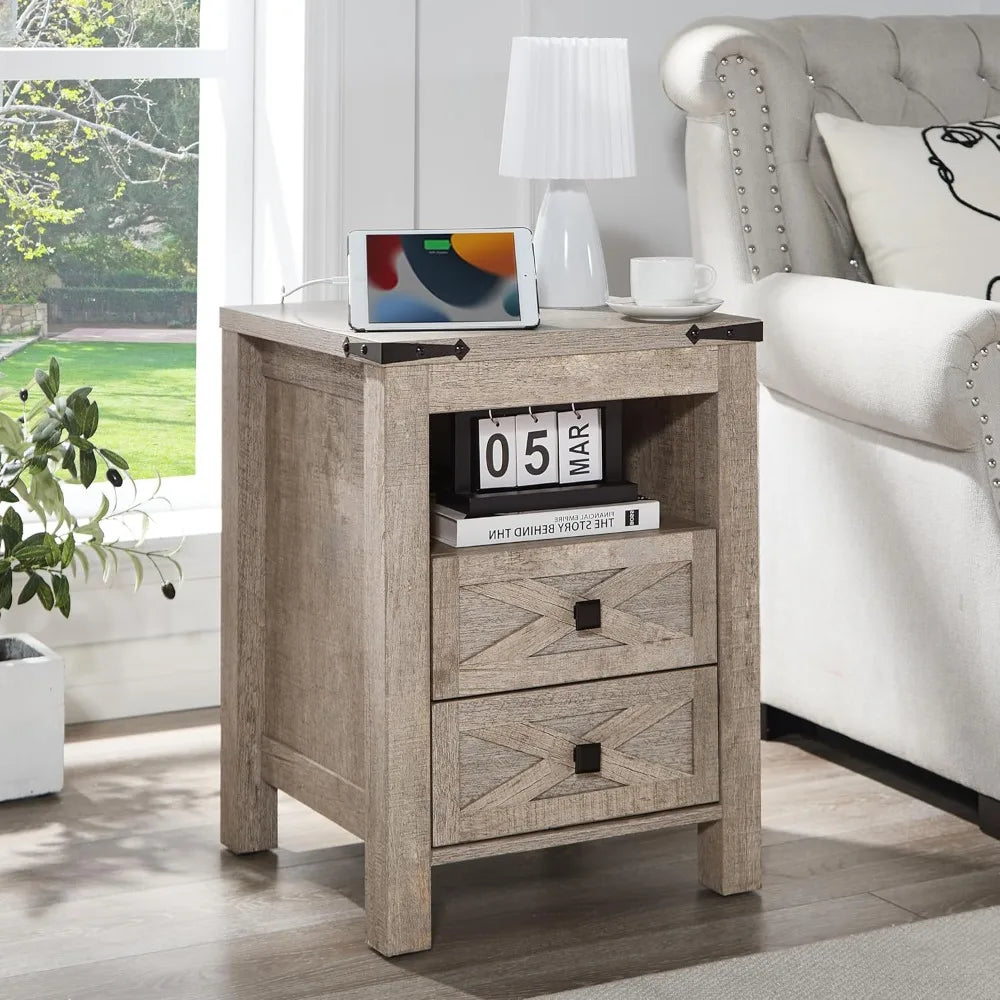 Nightstand with Charging Station 2 Drawers Farmhouse Bedside Table