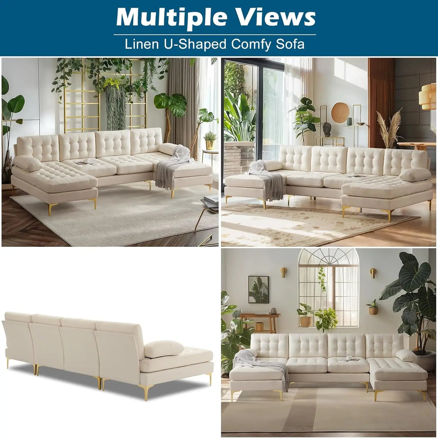 Modern U Shaped Sectional Sofa with Double Chaise, Tufted Button Couch