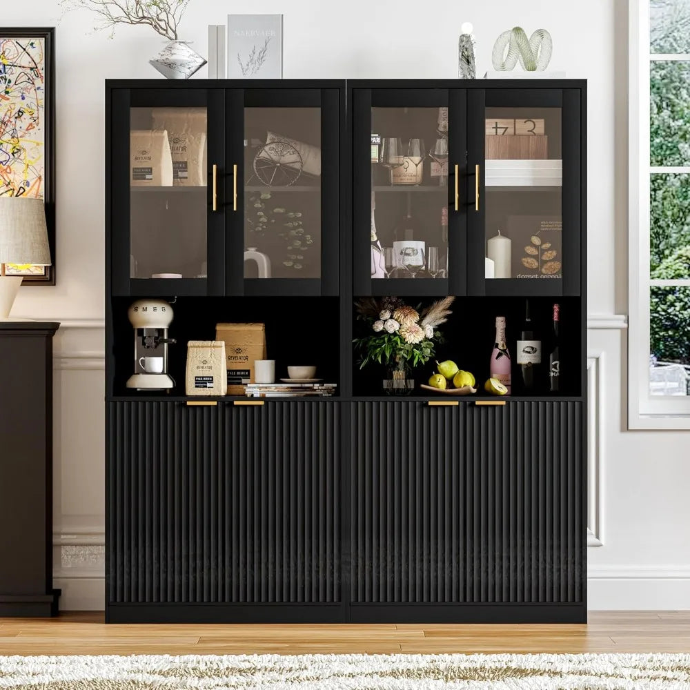 71 Inch Tall Kitchen Pantry Cabinet Fluted Storage with Glass Doors