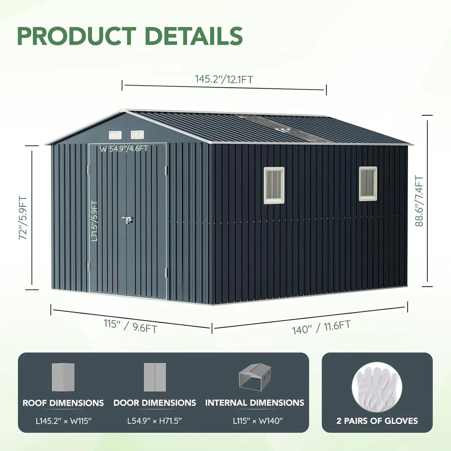10X12 Outdoor Steel Storage Shed Lockable Doors Windows Transparent Roof